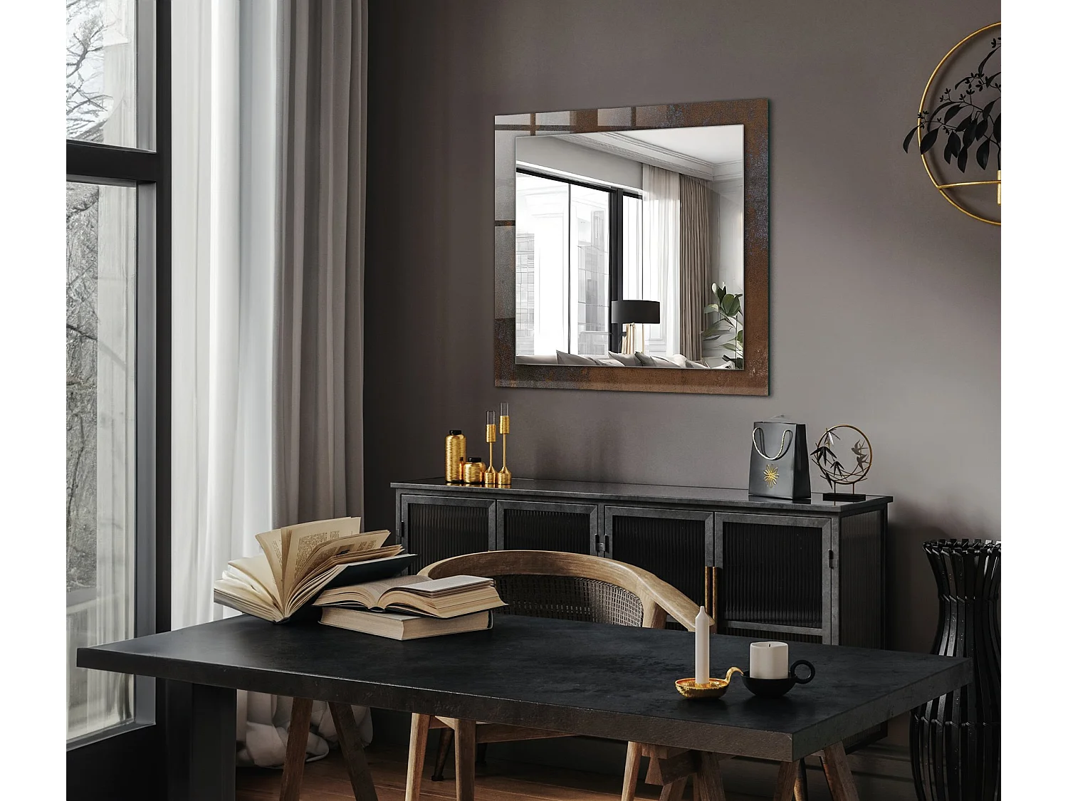 Specchio decorativo con cornice, metallo ruggine alla moda, 60 x 60 cm