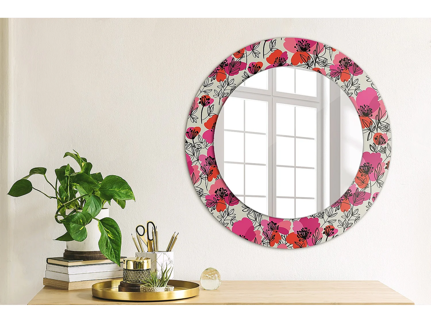 Runder dekorativer Spiegel - Pink Poppies - 50 cm