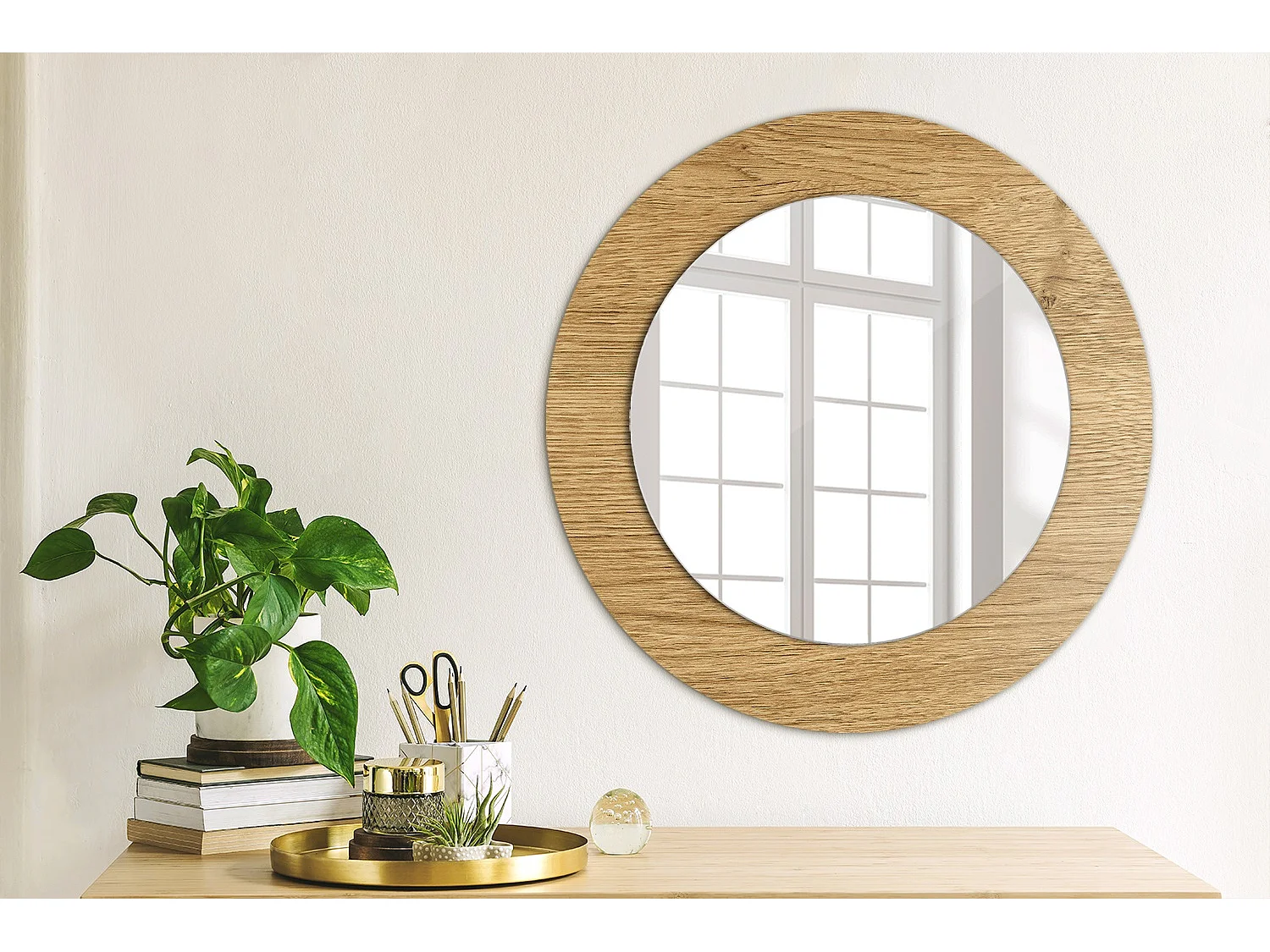 Dekorativer runder Spiegel - Holzstruktur - 50 cm