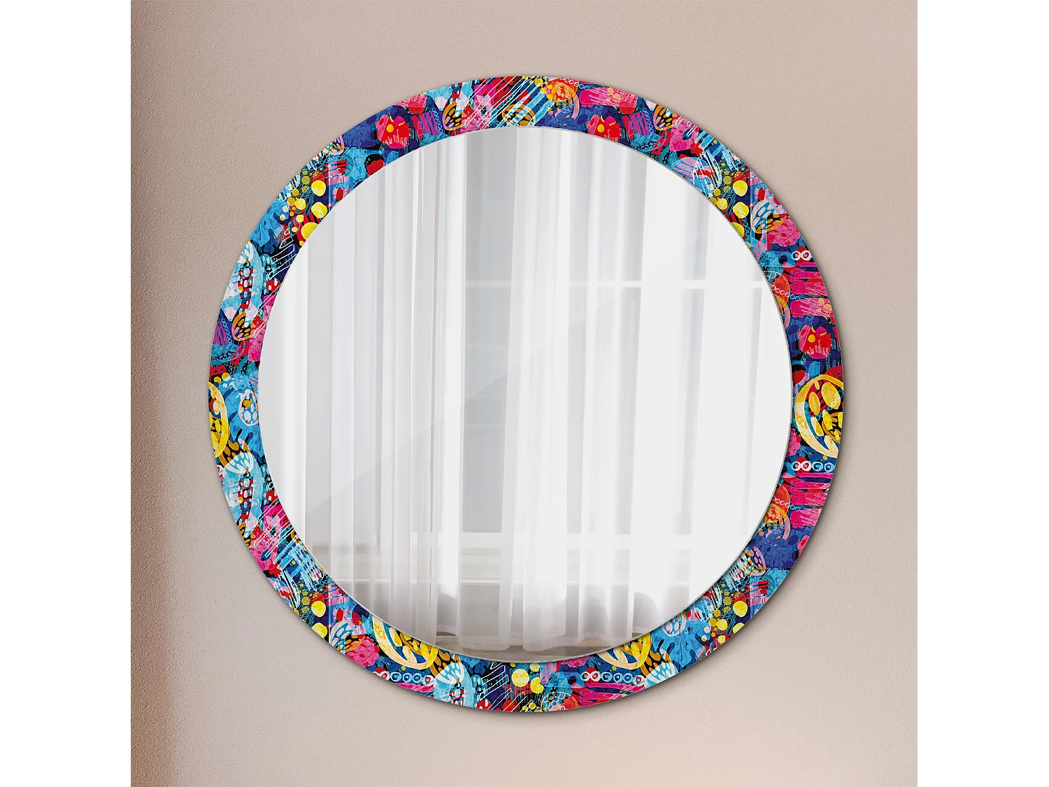Miroir rond décoratif - Griffonnages colorés - 90 cm