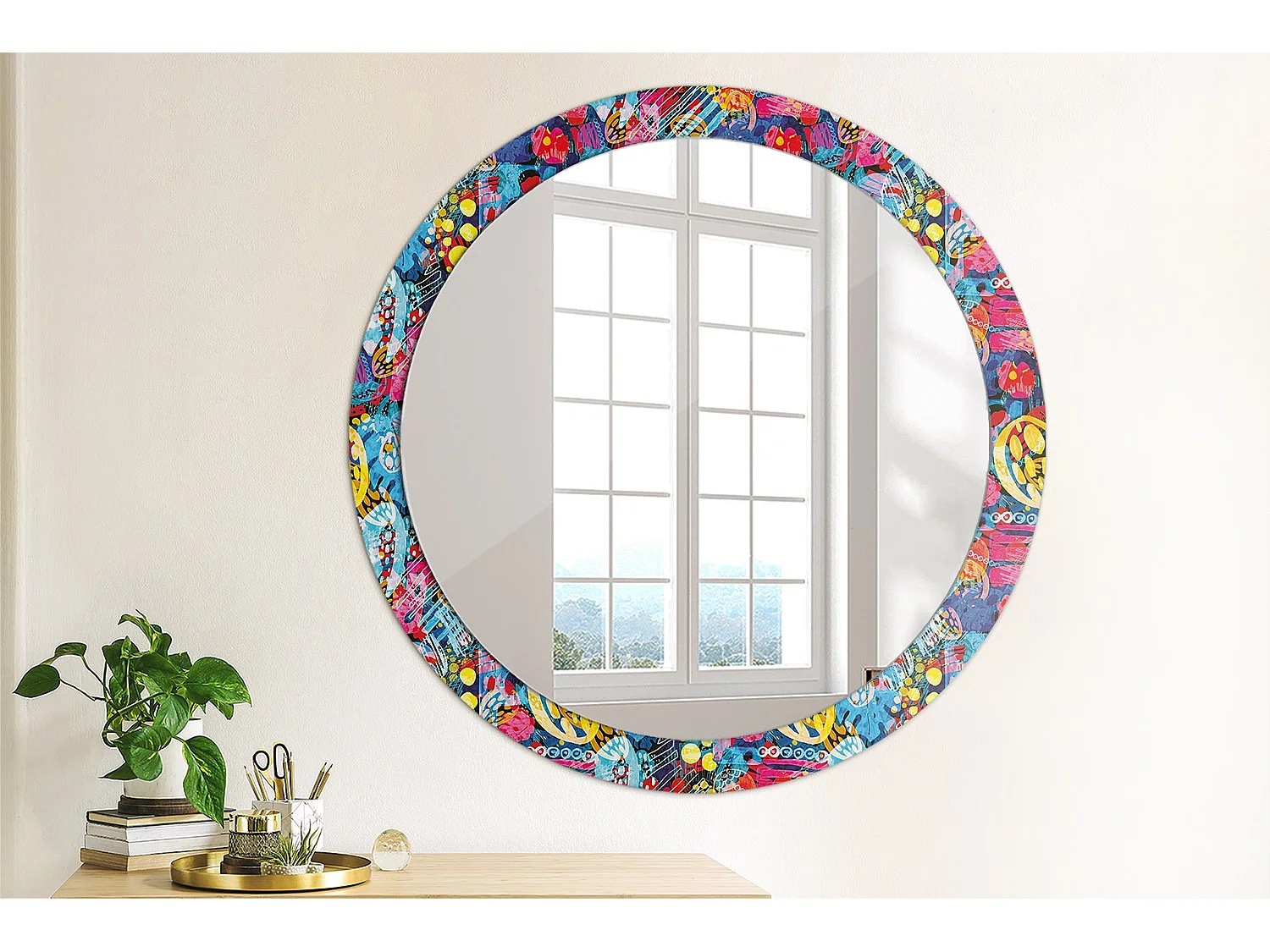 Miroir rond décoratif - Griffonnages colorés - 90 cm