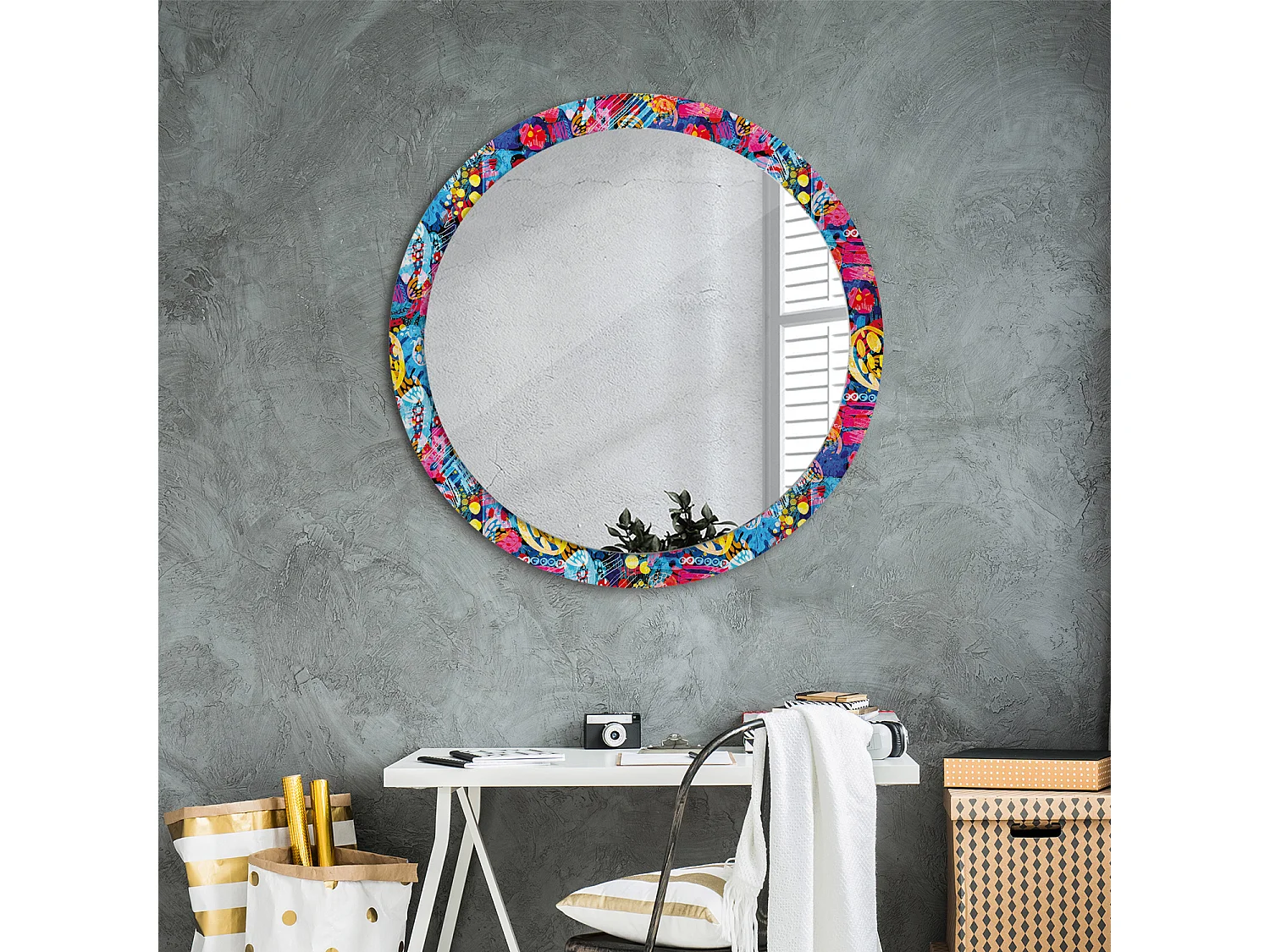 Miroir rond décoratif - Griffonnages colorés - 90 cm
