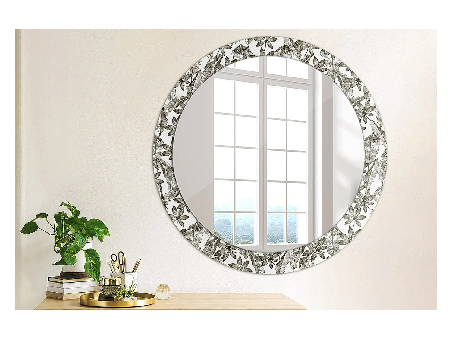 Dekorativer runder Spiegel - Tropische Blätter - 80 cm