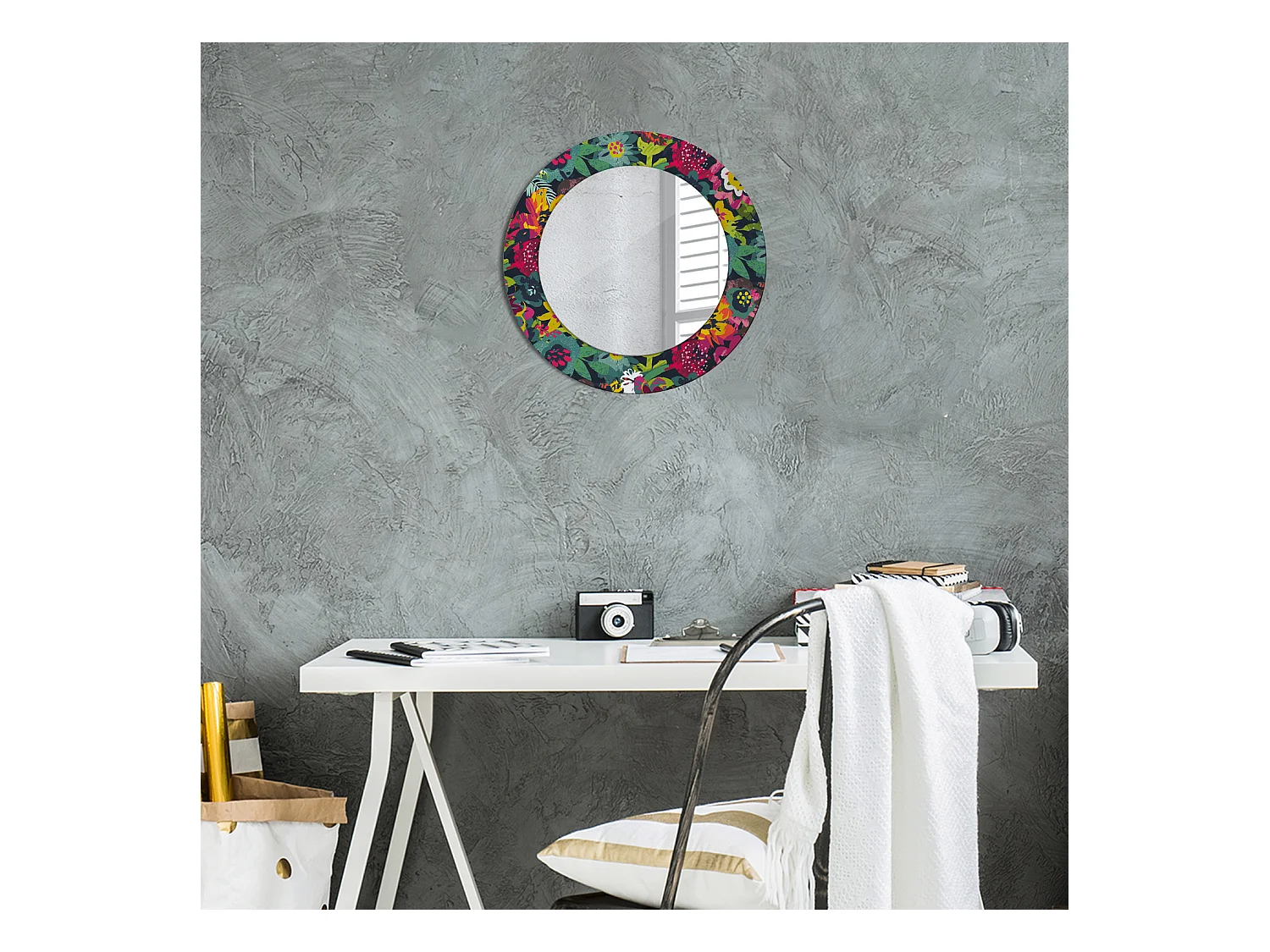 Decoratieve ronde spiegel - Geschilderde bloemen - 50 cm