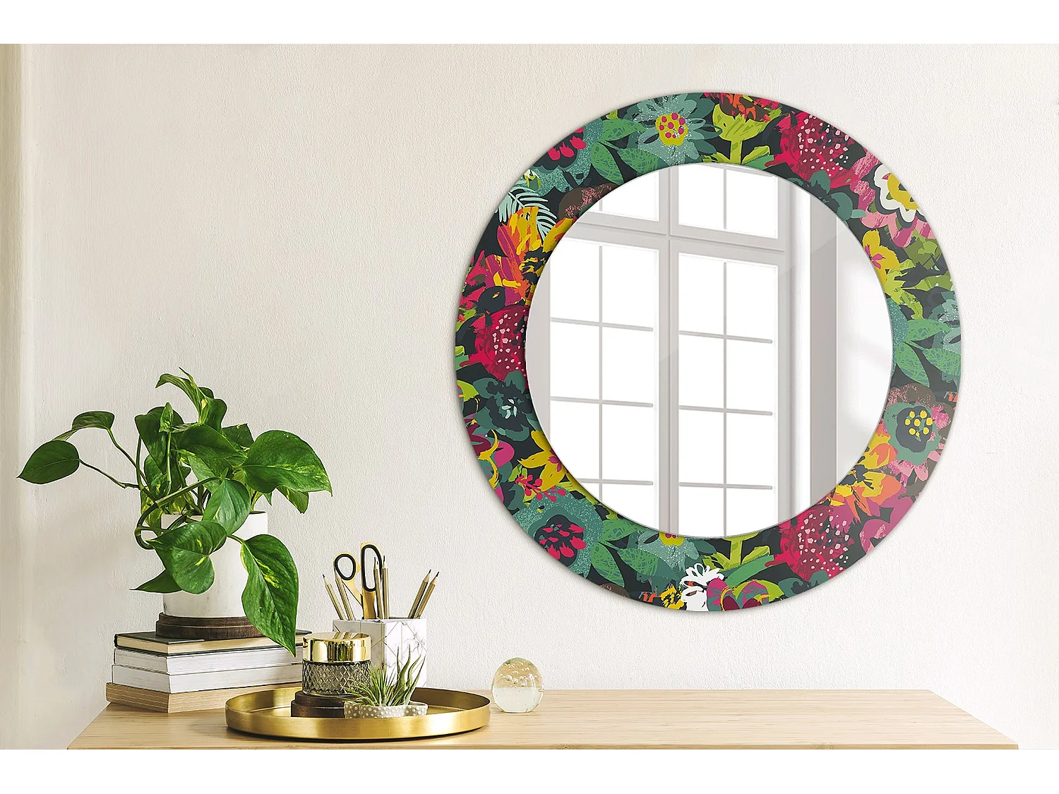 Dekorativer runder Spiegel - Bemalte Blumen - 50 cm