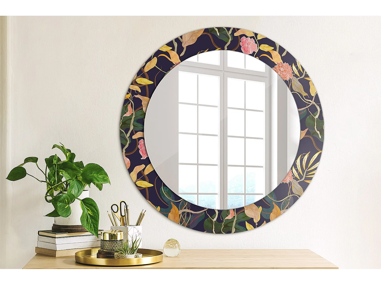 Dekorativer runder Spiegel – Aquarellpflanzen – 60 cm