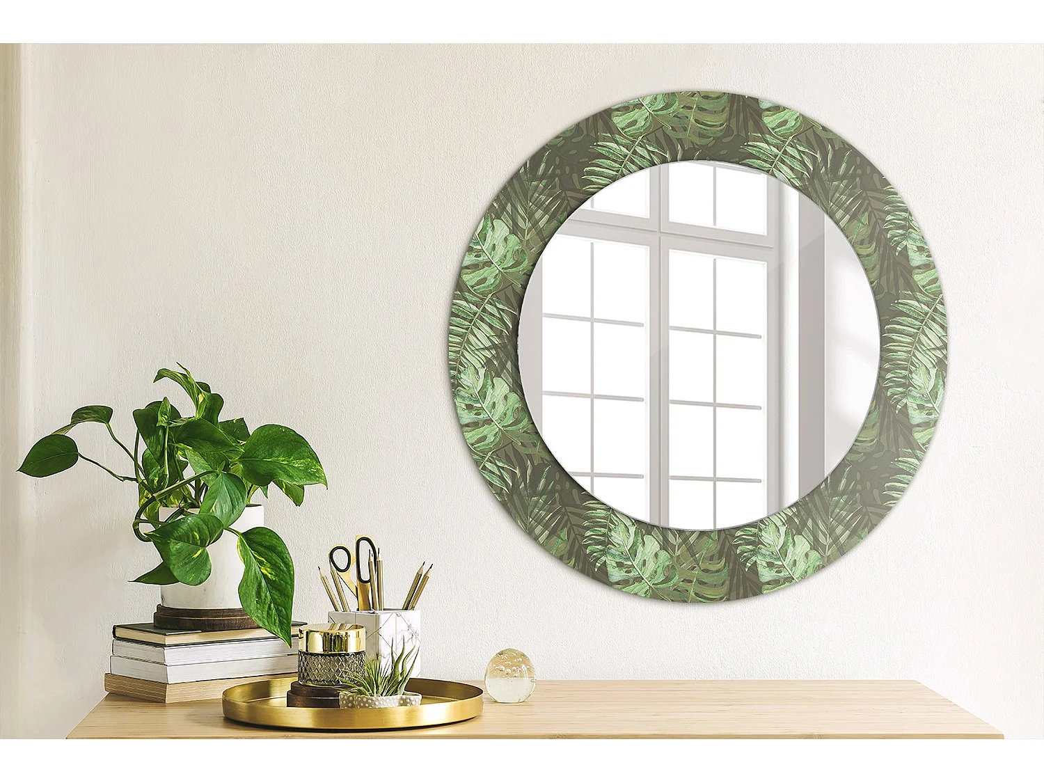 Miroir rond décoratif - Feuilles tropicales - 50 cm