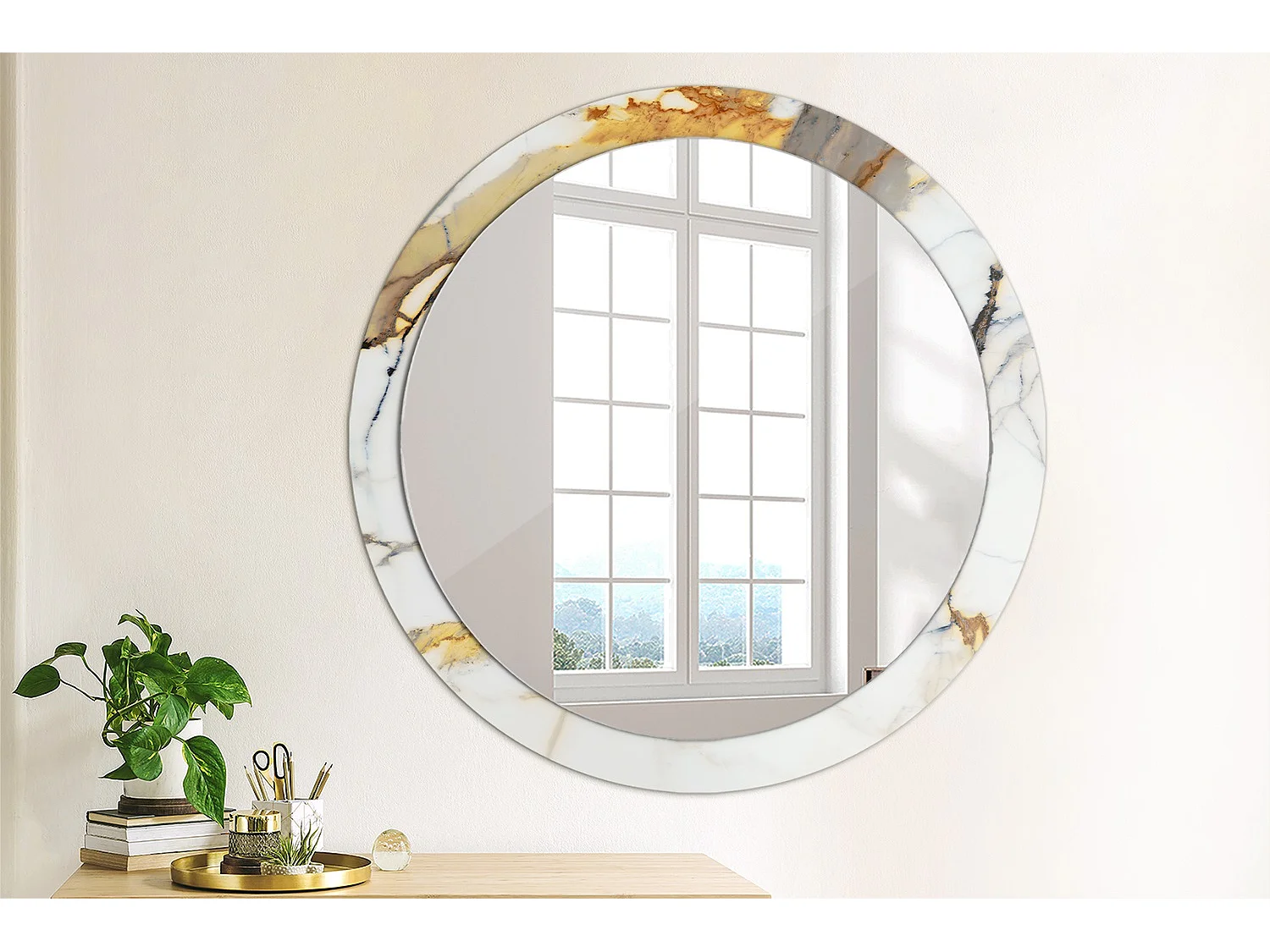 Runder dekorativer Spiegel - Weißer Marmor - 90 cm