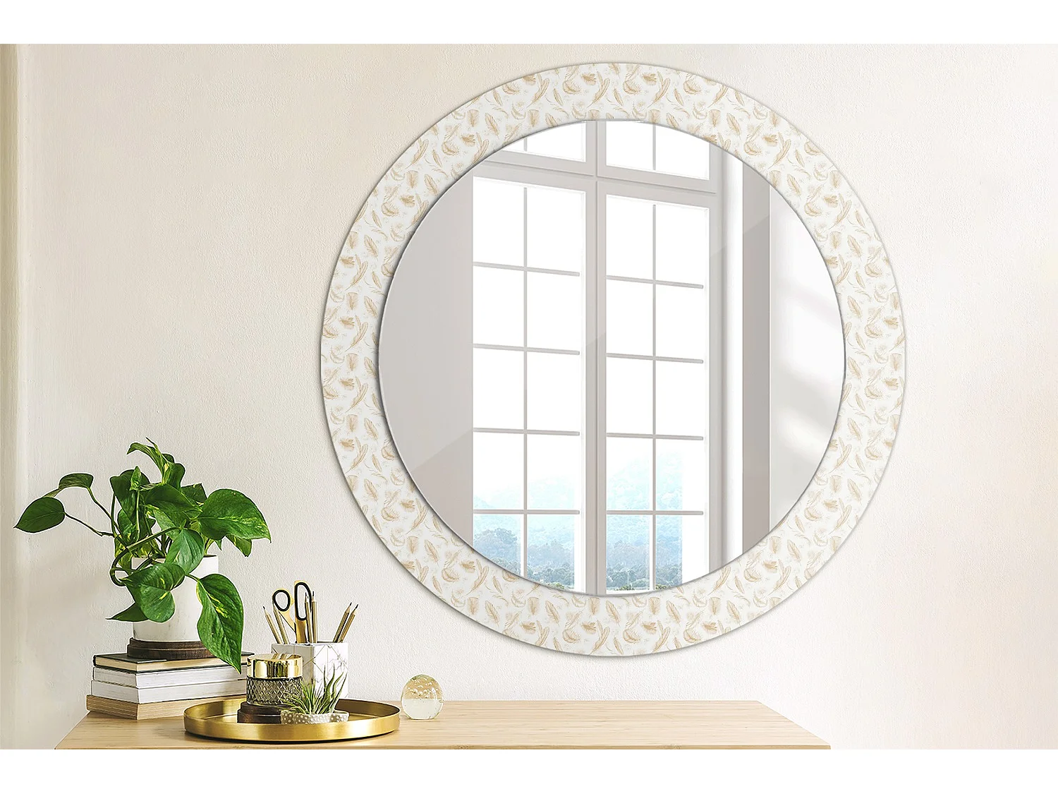 Dekorativer runder Spiegel - Vogelfedern - 60 cm