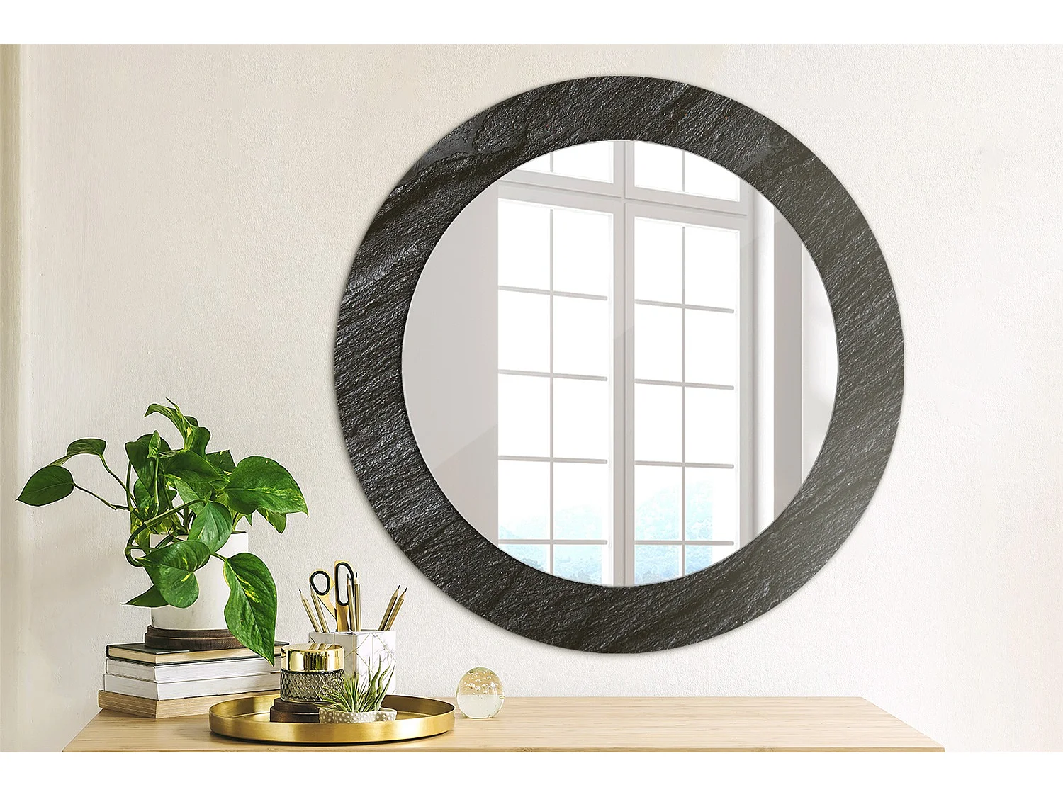Miroir rond décoratif - Pierre noire - 70 cm