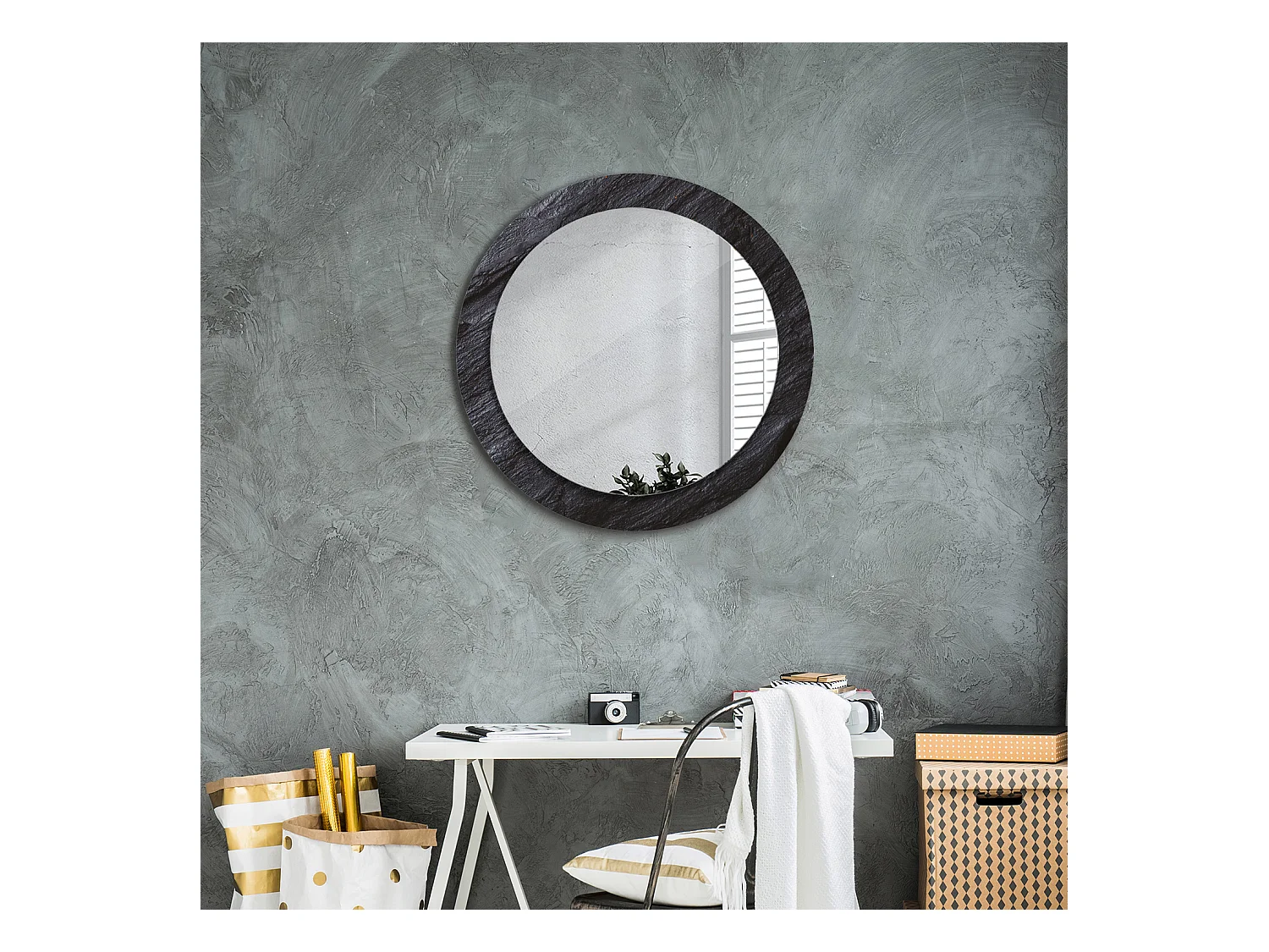 Miroir rond décoratif - Pierre noire - 70 cm