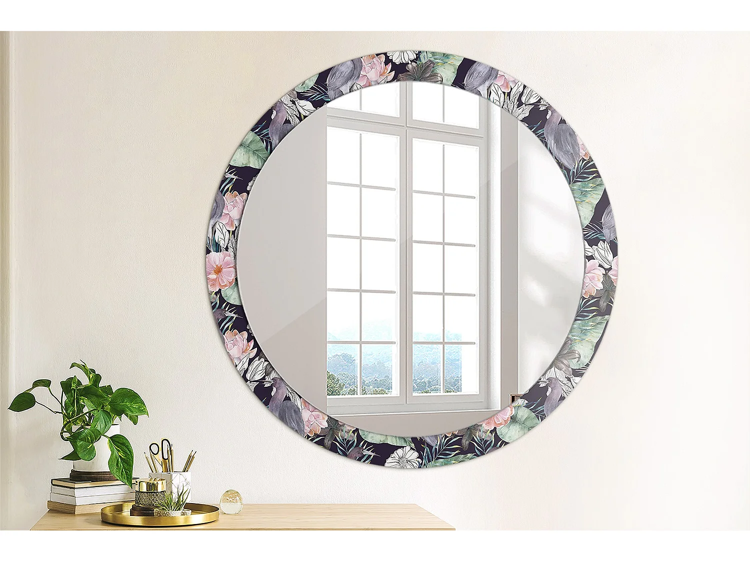 Miroir rond décoratif - Oiseaux Hérons - 90 cm