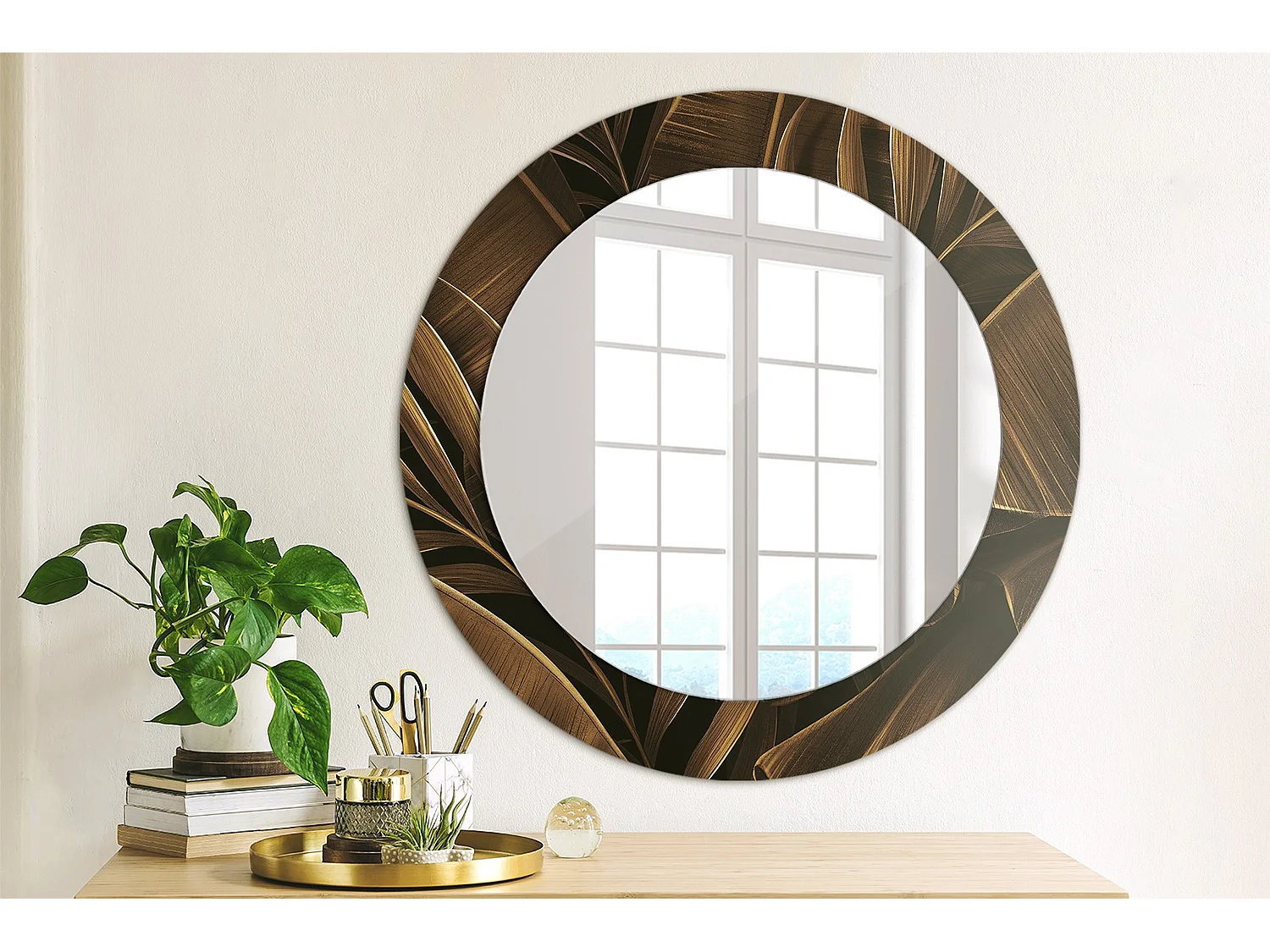 Miroir rond décoratif - Feuilles de bananier marron - 60 cm