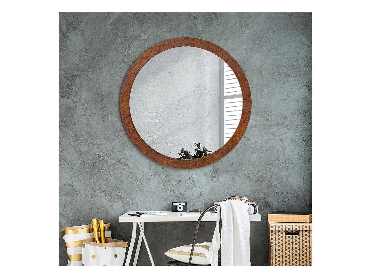 Ronde decoratieve spiegel – Roestig metaal – 90 cm