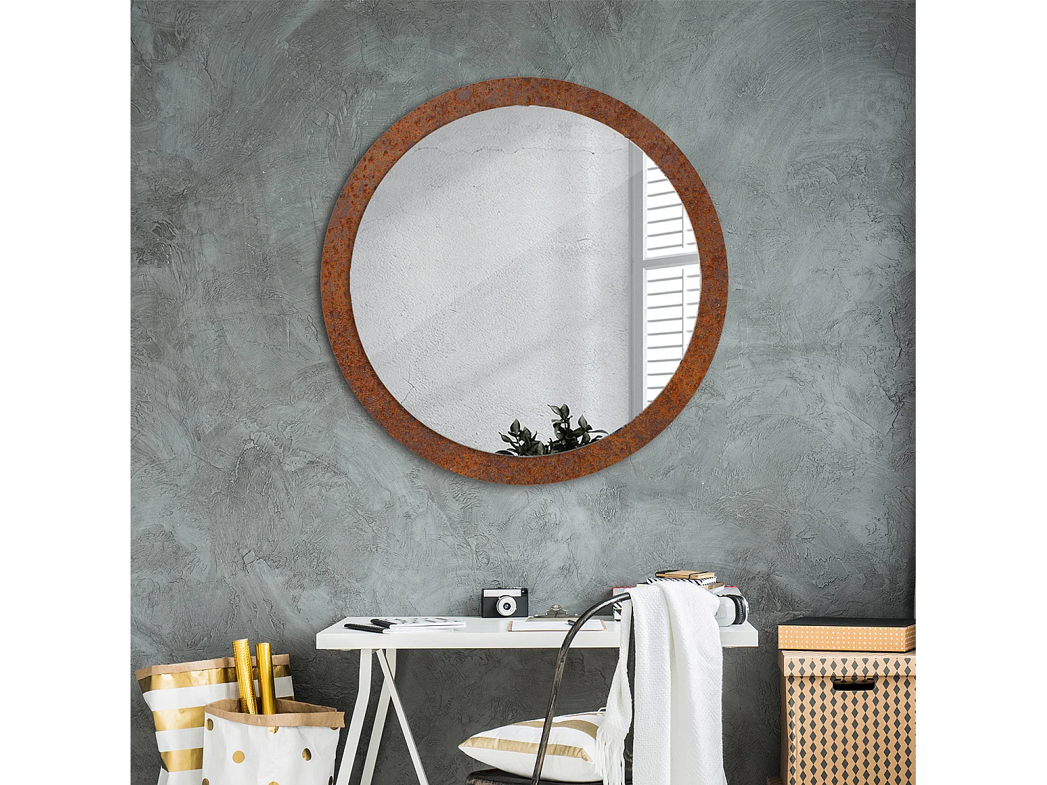 Miroir rond décoratif - Métal rouillé - 90 cm