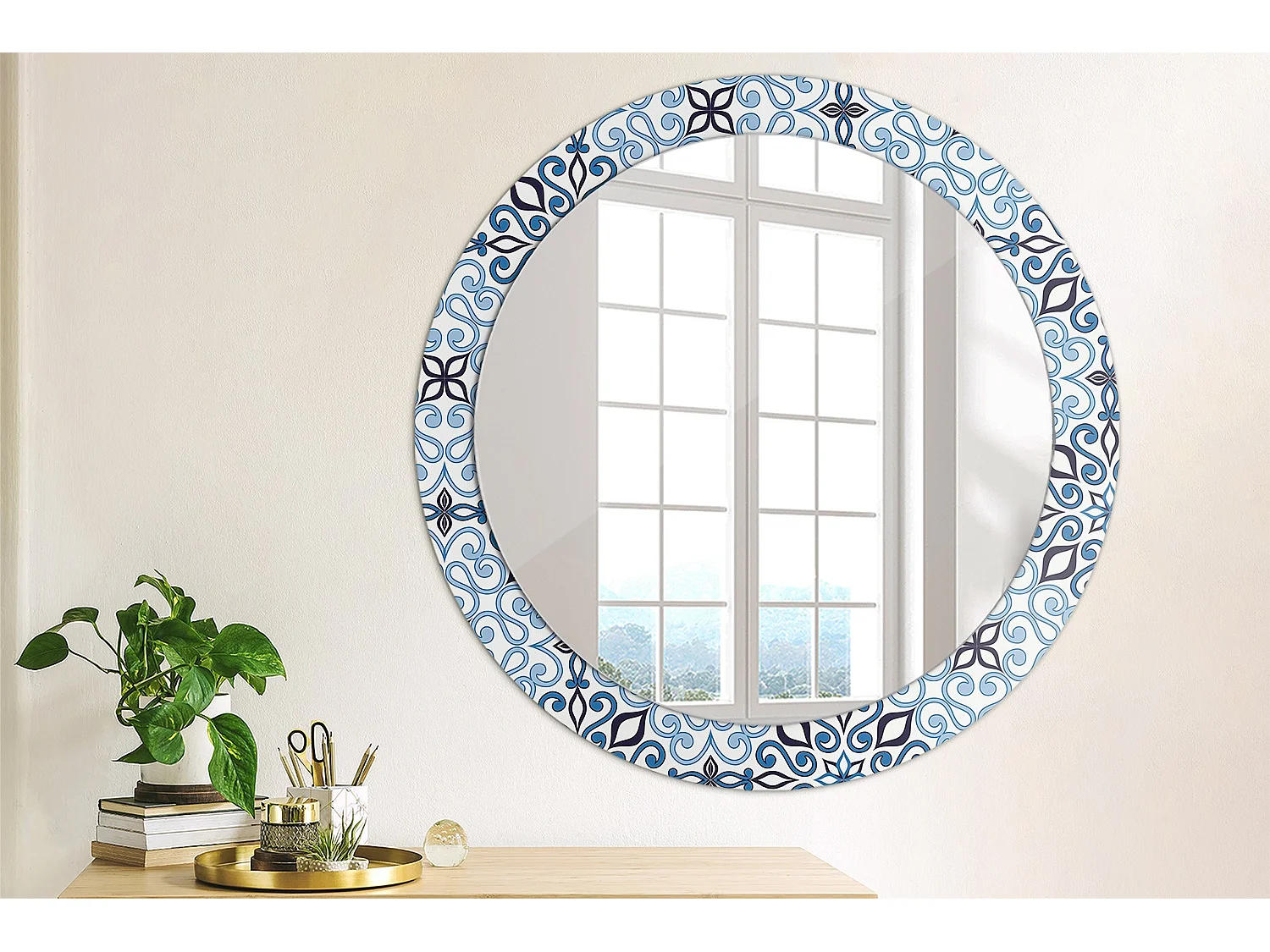 Runder dekorativer Spiegel - Blaues arabisches Motiv - 80 cm