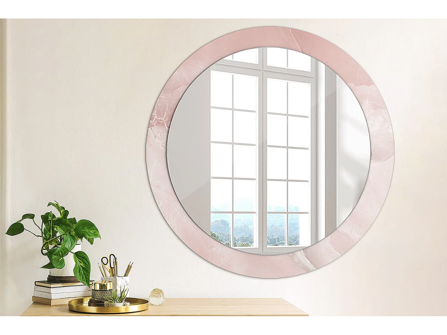 Runder dekorativer Spiegel - Rosa Stein - 80 cm