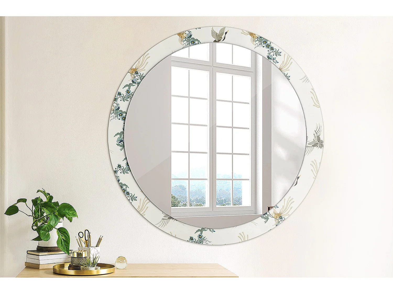 Dekorativer runder Spiegel - Chinesische Vögel - 90 cm