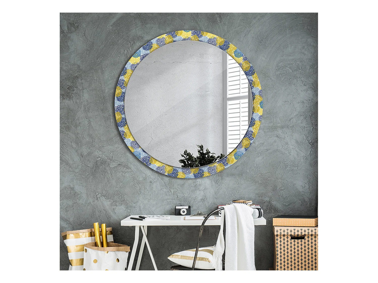 Decoratieve ronde spiegel - Blauwe bloemen - 100 cm