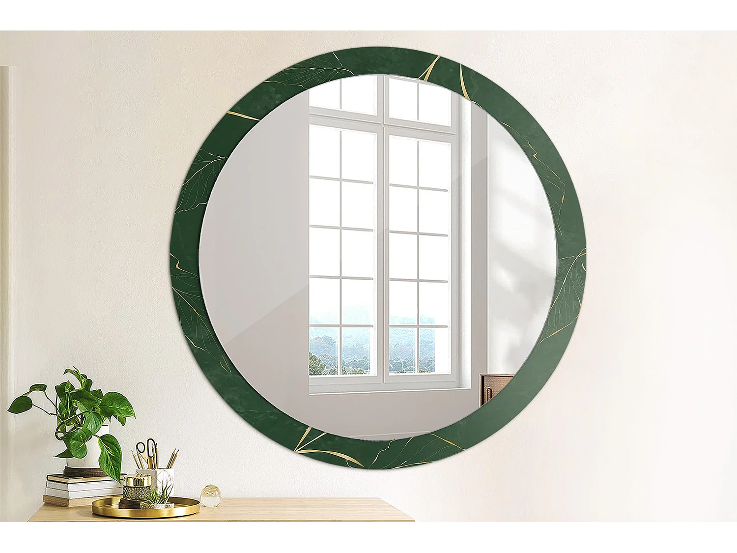 Miroir rond décoratif - Contour feuilles - 100 cm