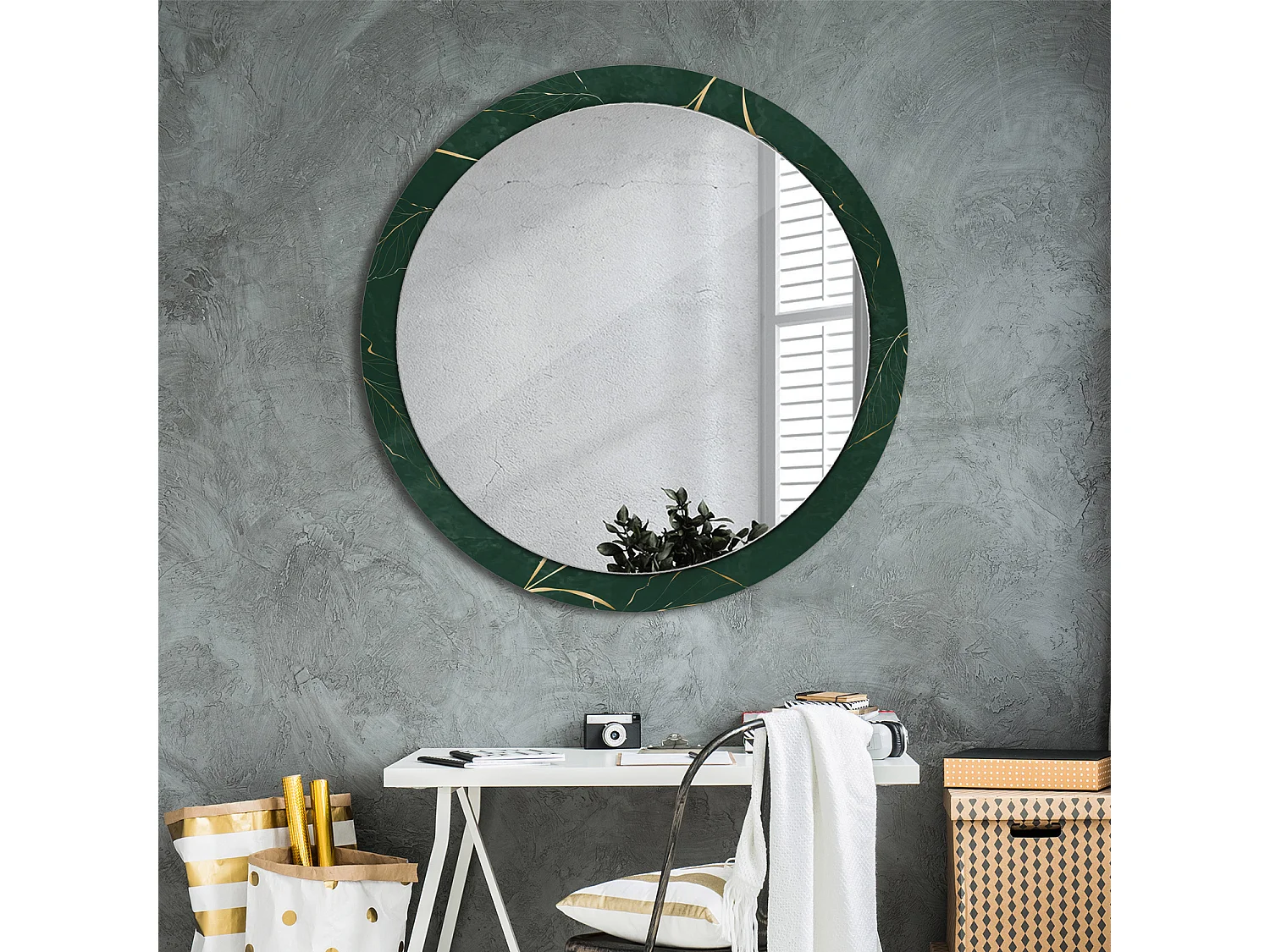 Miroir rond décoratif - Contour feuilles - 100 cm