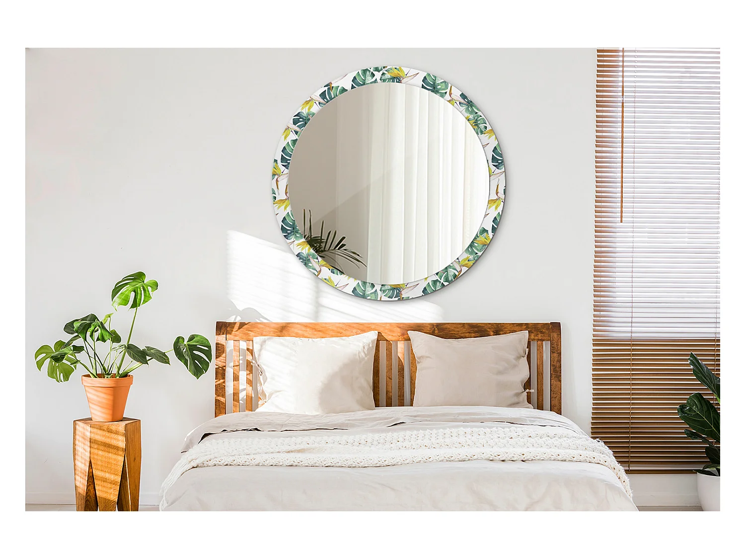 Miroir rond décoratif - Feuilles tropicales - 100 cm