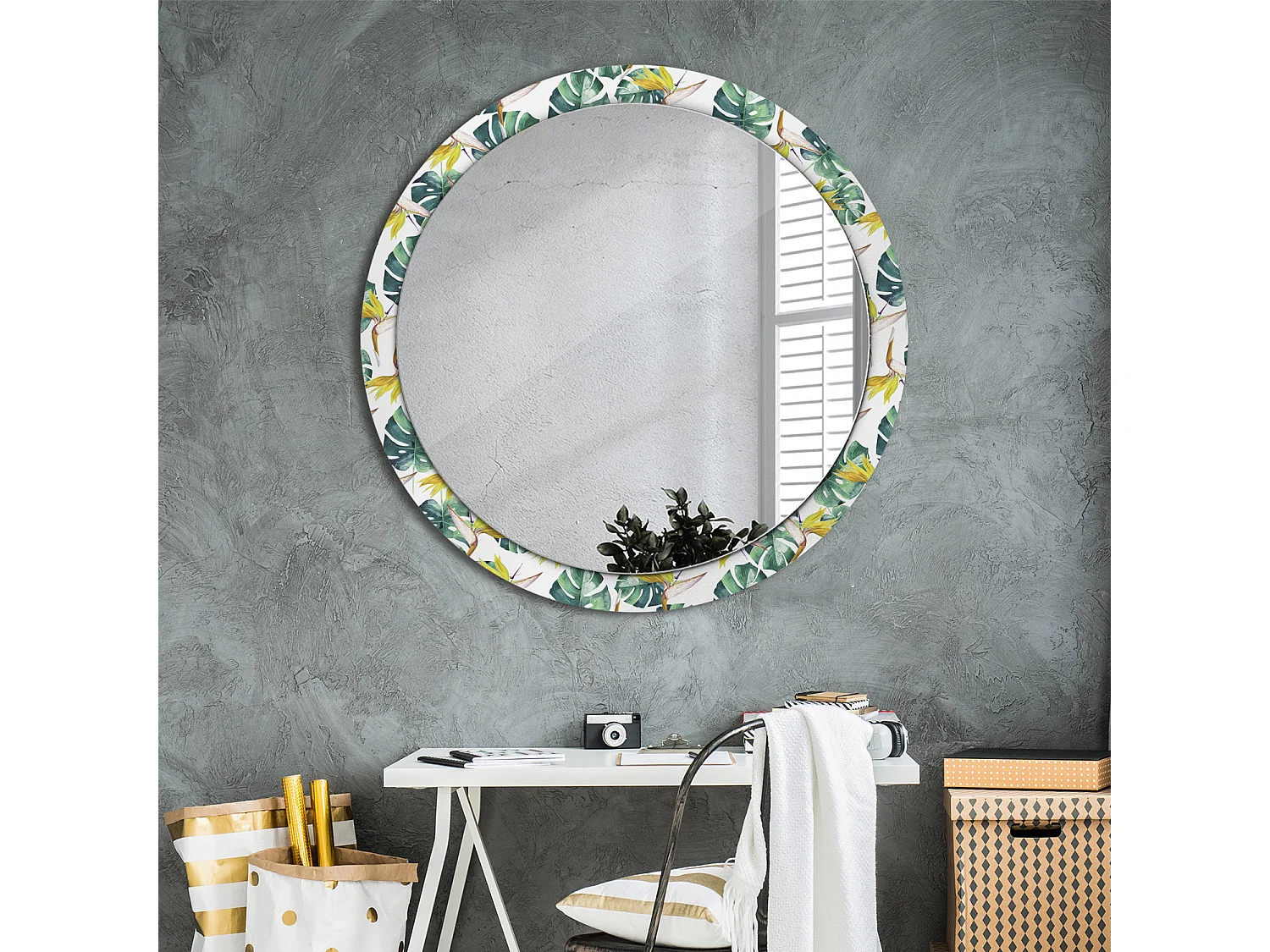 Miroir rond décoratif - Feuilles tropicales - 100 cm