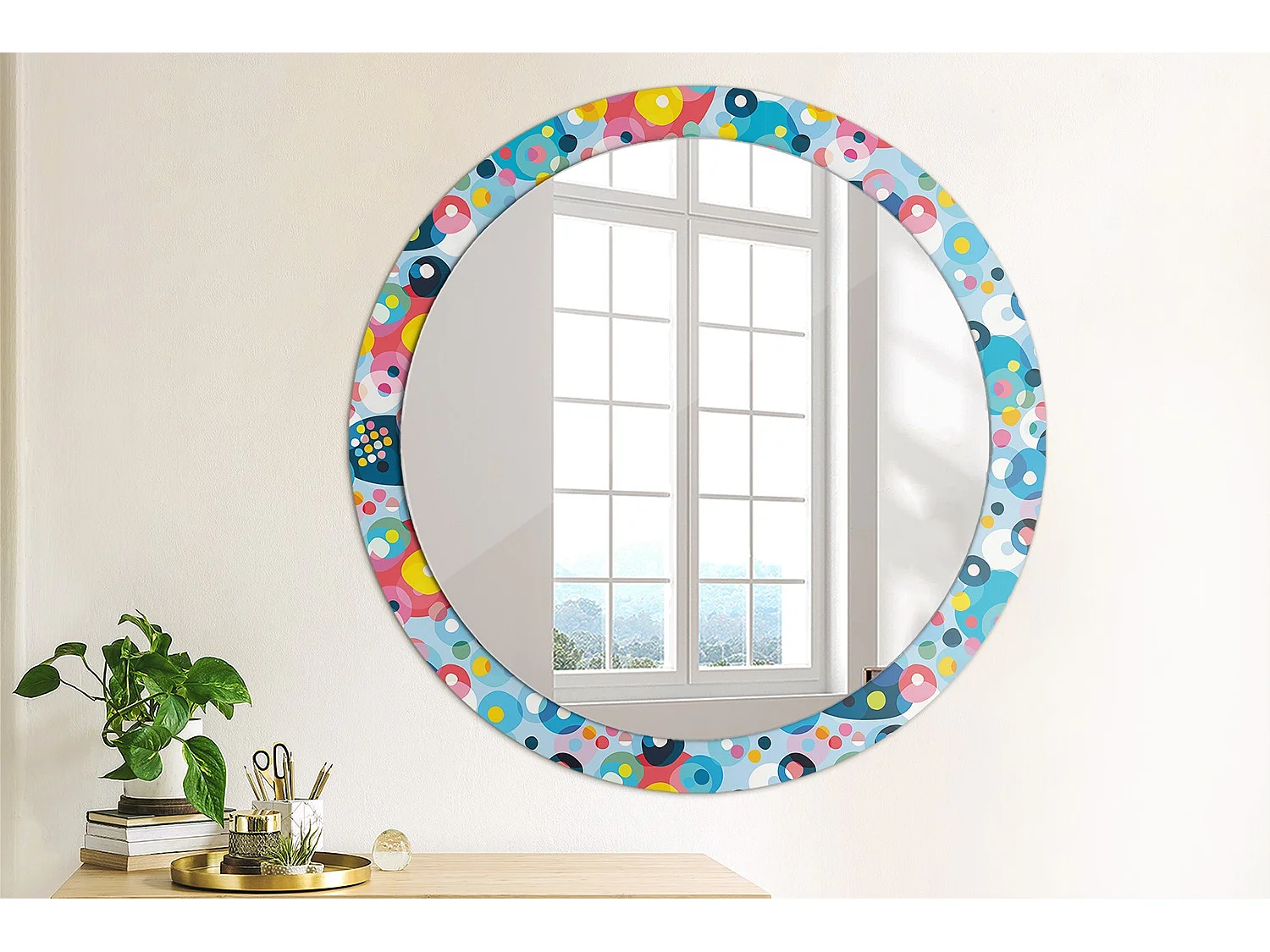 Miroir rond décoratif - Cercles colorés - 90 cm