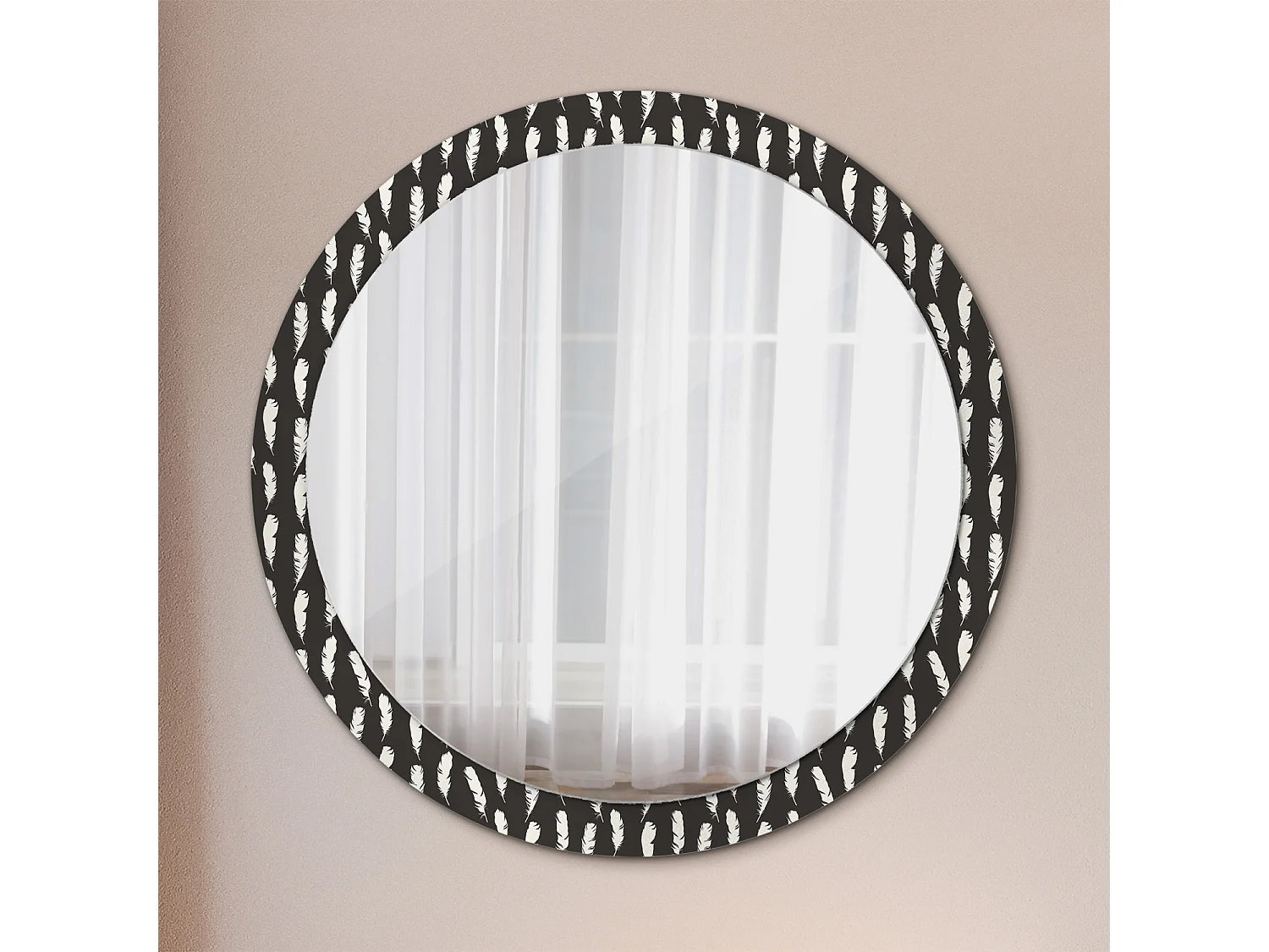 Miroir rond décoratif - Plumes noires et blanches - 100 cm