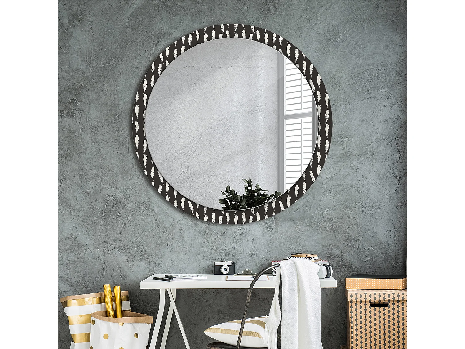 Miroir rond décoratif - Plumes noires et blanches - 100 cm