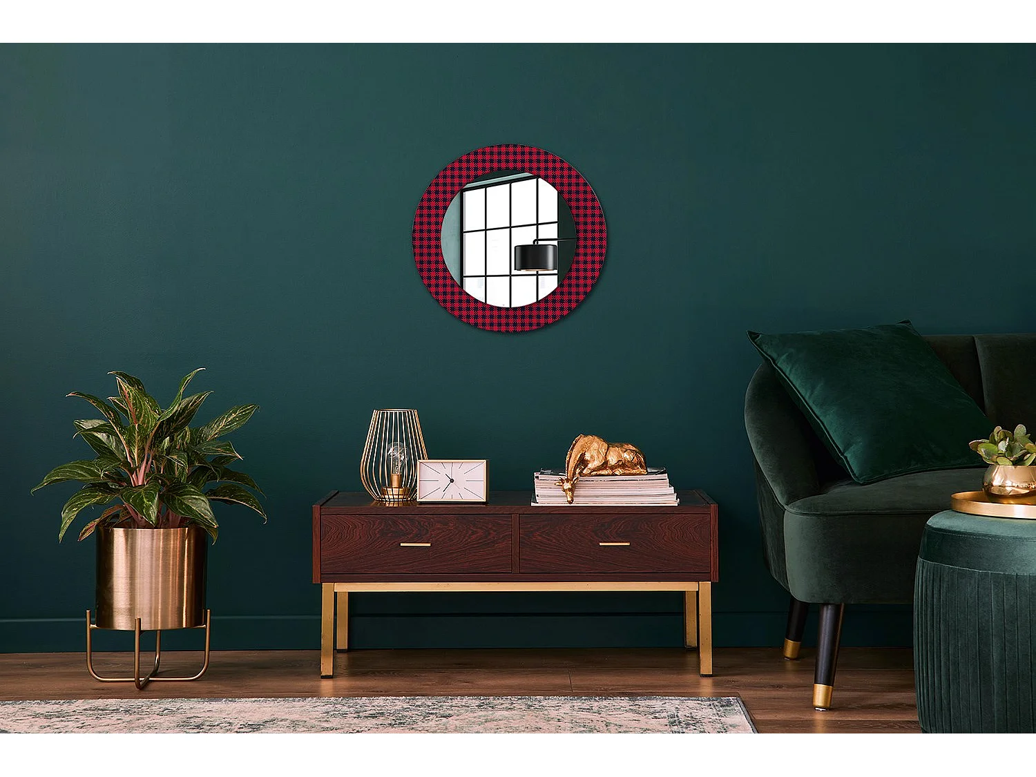 Miroir rond décoratif - Grille rouge - 50 cm