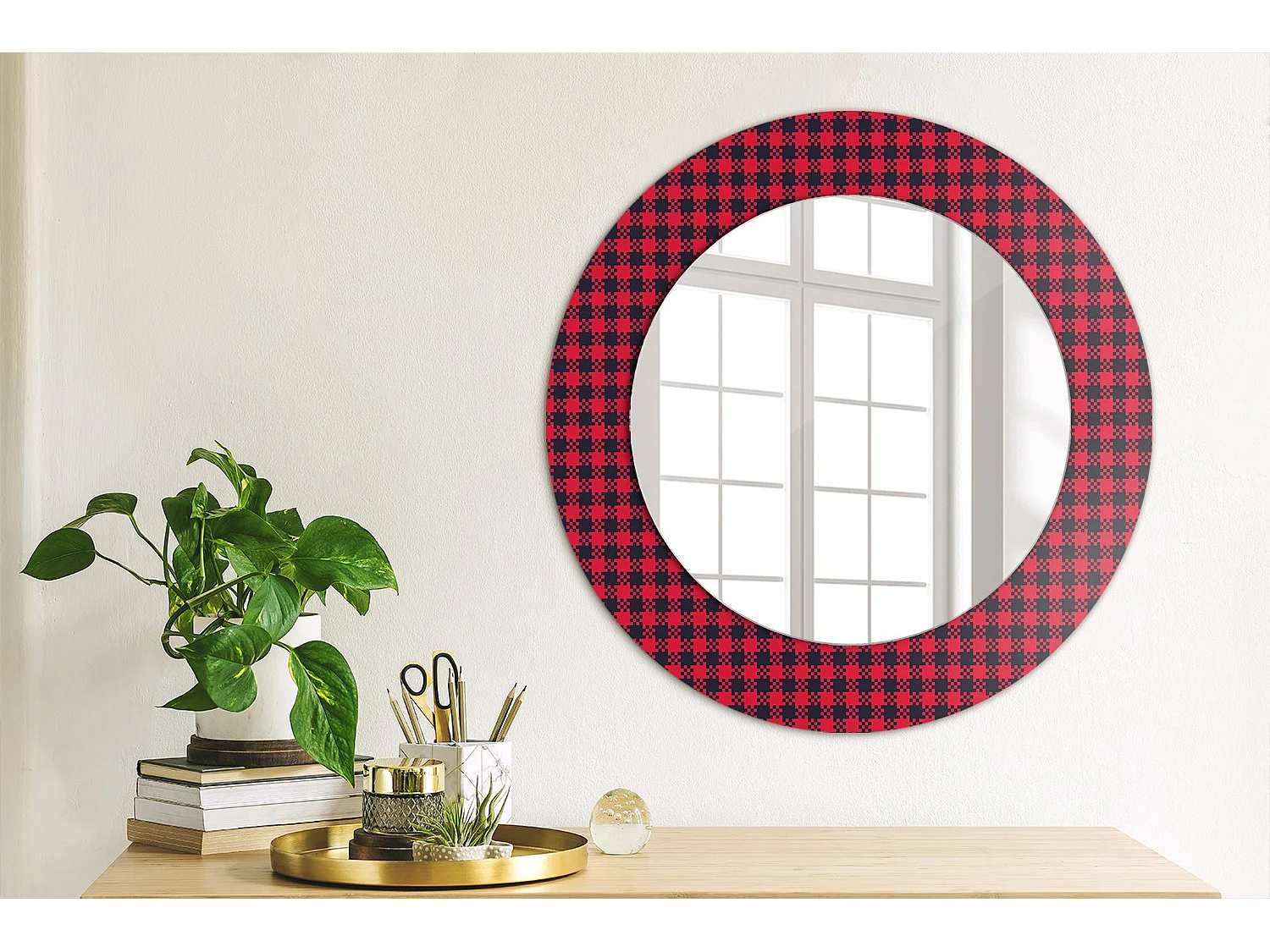 Miroir rond décoratif - Grille rouge - 50 cm