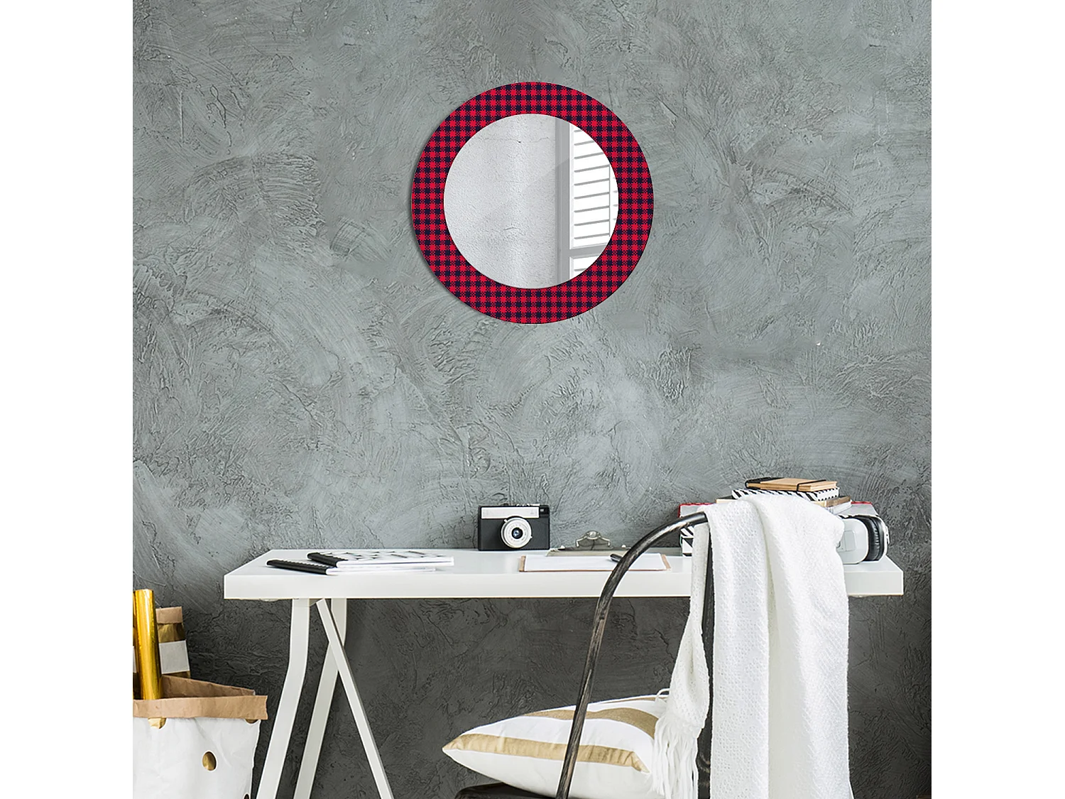 Miroir rond décoratif - Grille rouge - 50 cm