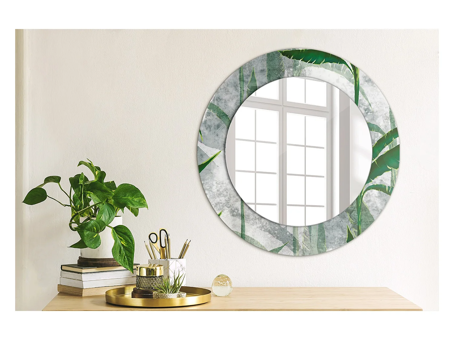 Specchio rotondo decorativo - Foglie tropicali - 50 cm