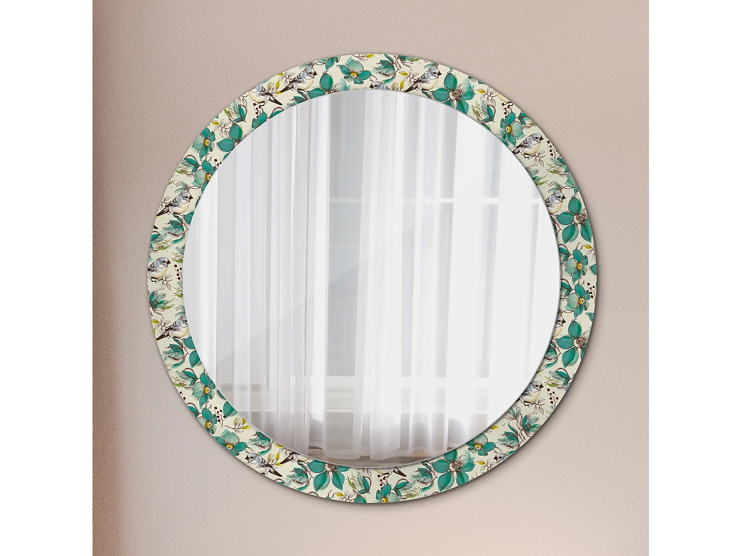 Miroir rond décoratif - Fleurs et oiseaux - 90 cm