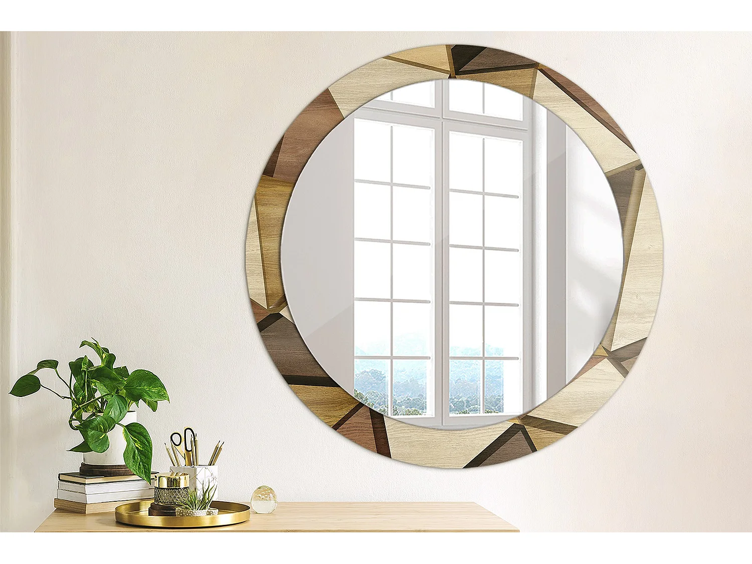 Espejo Redondo Decorativo - Madera Geométrica 3D - 80 cm