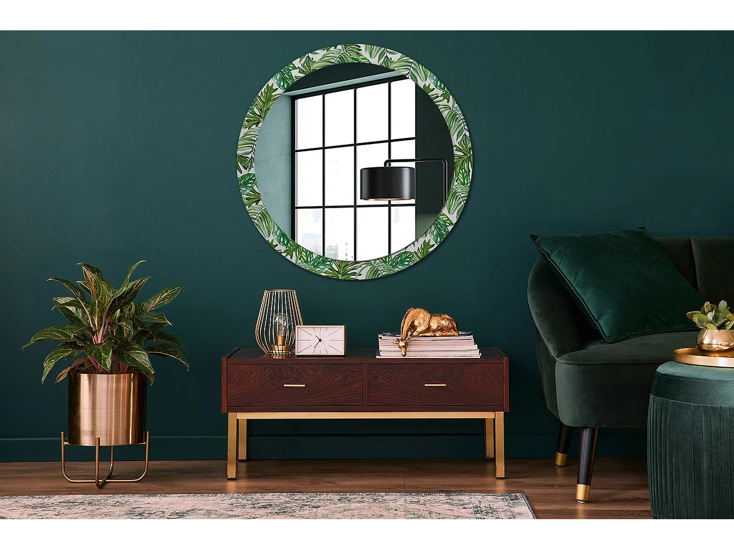 Miroir rond décoratif - Feuilles de jungle - 90 cm
