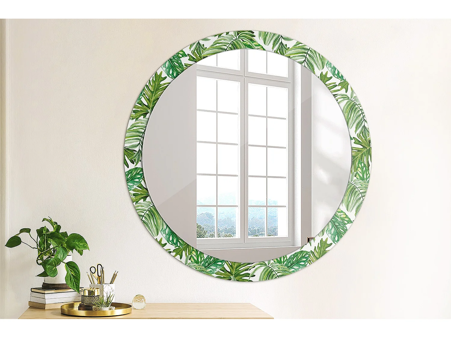 Miroir rond décoratif - Feuilles de jungle - 90 cm