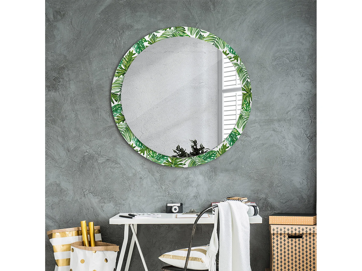 Miroir rond décoratif - Feuilles de jungle - 90 cm