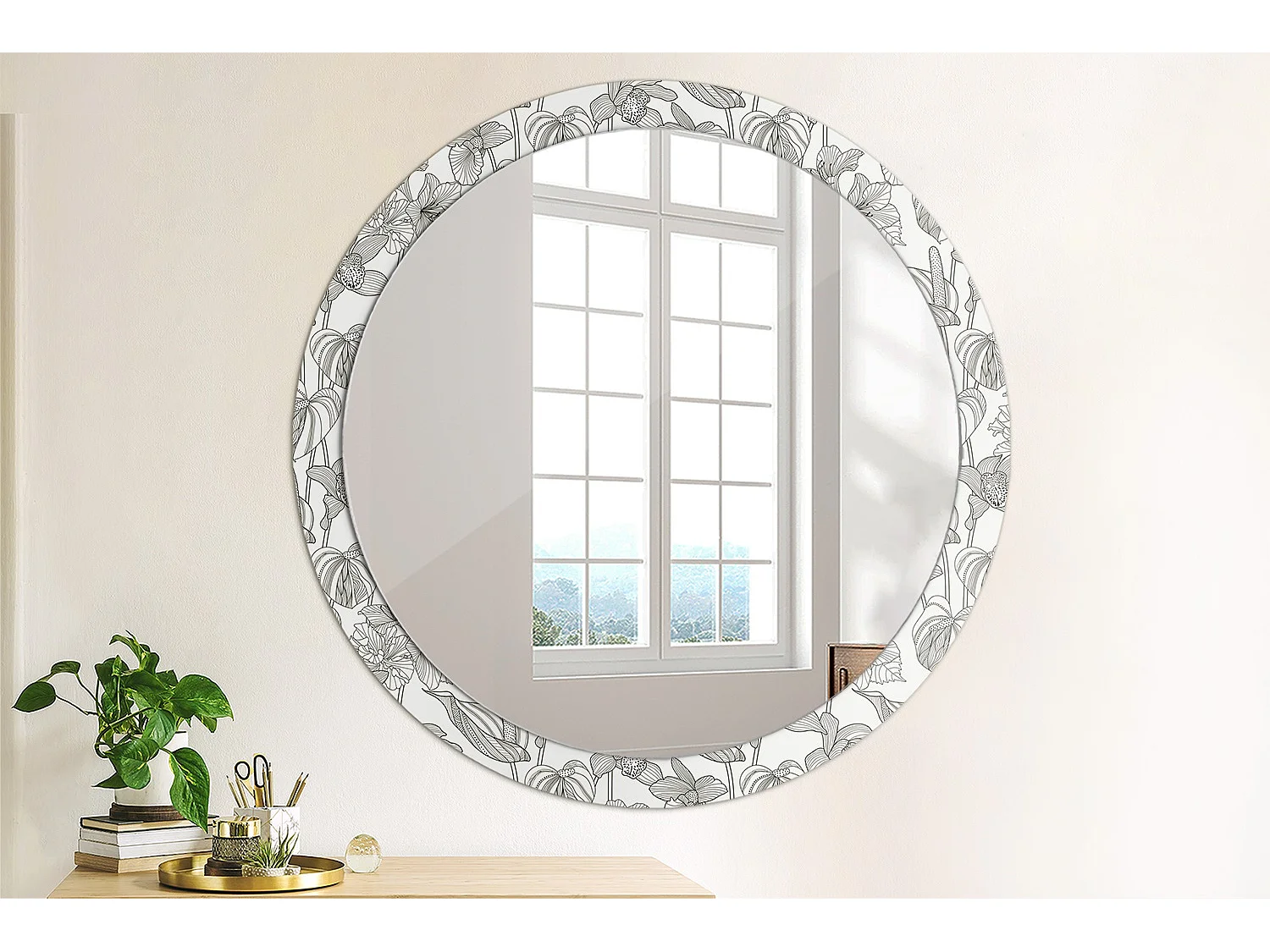 Miroir rond décoratif - Motif floral - 100 cm