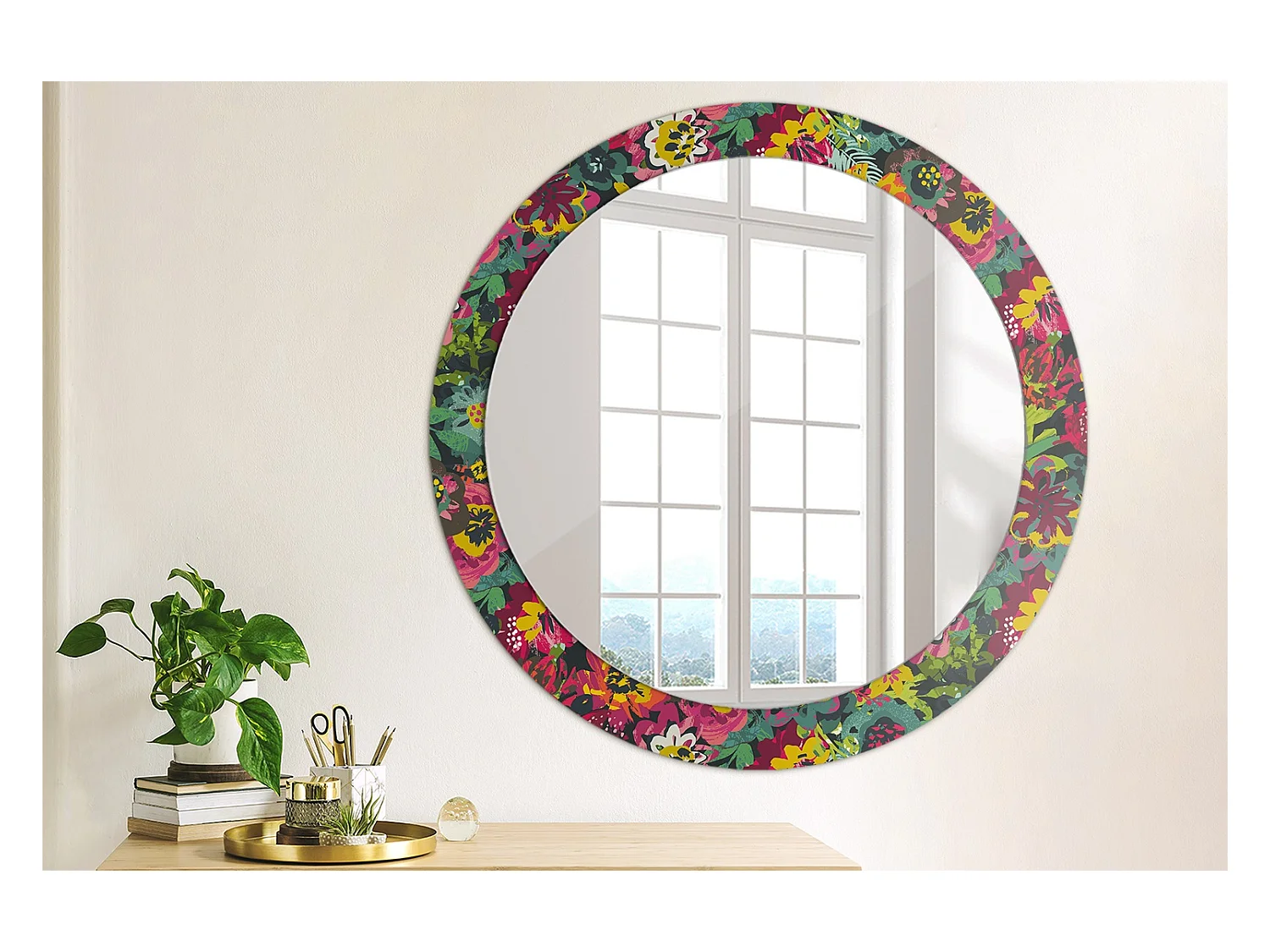 Dekorativer runder Spiegel - Bemalte Blumen - 80 cm