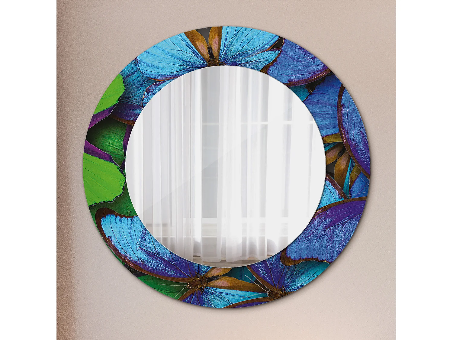 Miroir rond décoratif - Papillon bleu et vert - 50 cm
