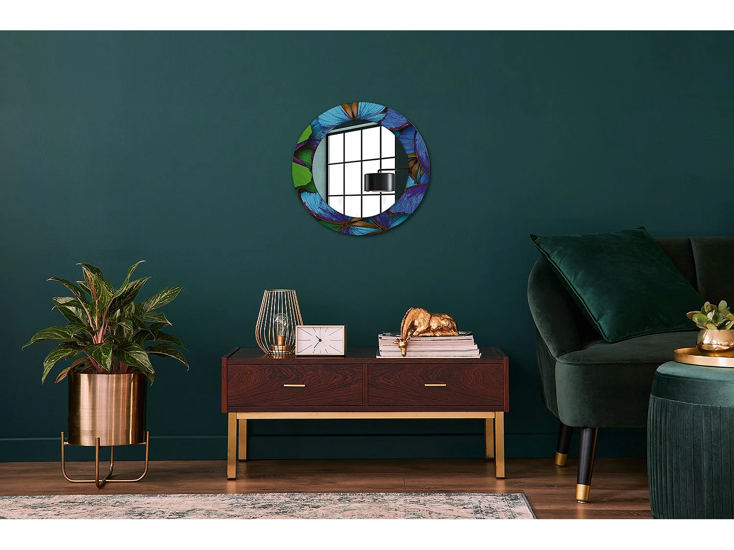 Miroir rond décoratif - Papillon bleu et vert - 50 cm