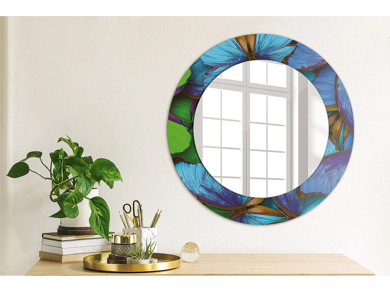 Miroir rond décoratif - Papillon bleu et vert - 50 cm