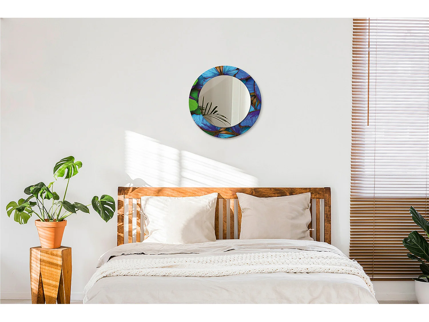 Miroir rond décoratif - Papillon bleu et vert - 50 cm