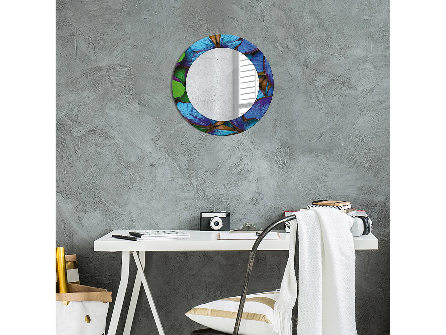Miroir rond décoratif - Papillon bleu et vert - 50 cm