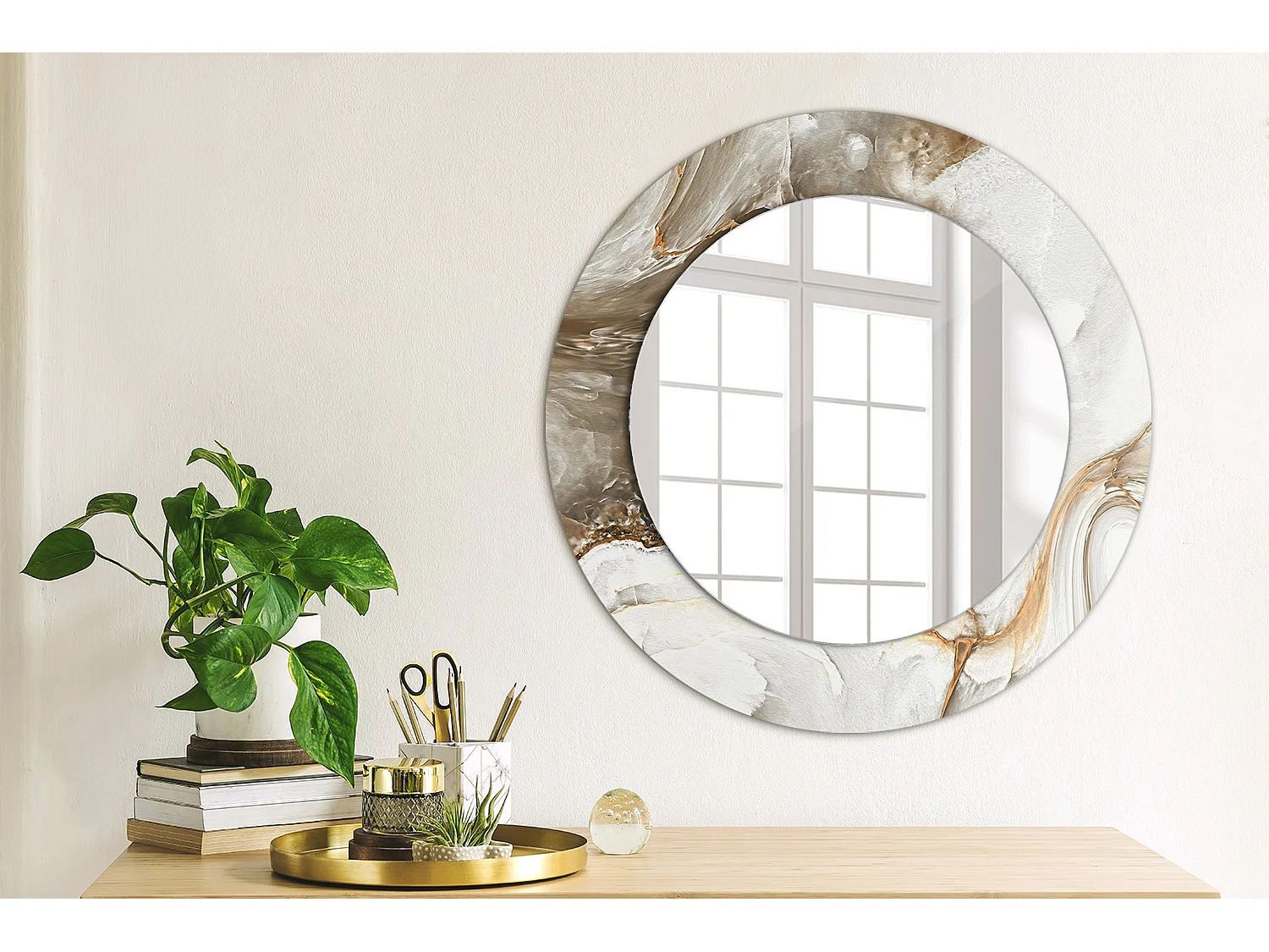 Runder dekorativer Spiegel - Heller Marmor - 50 cm