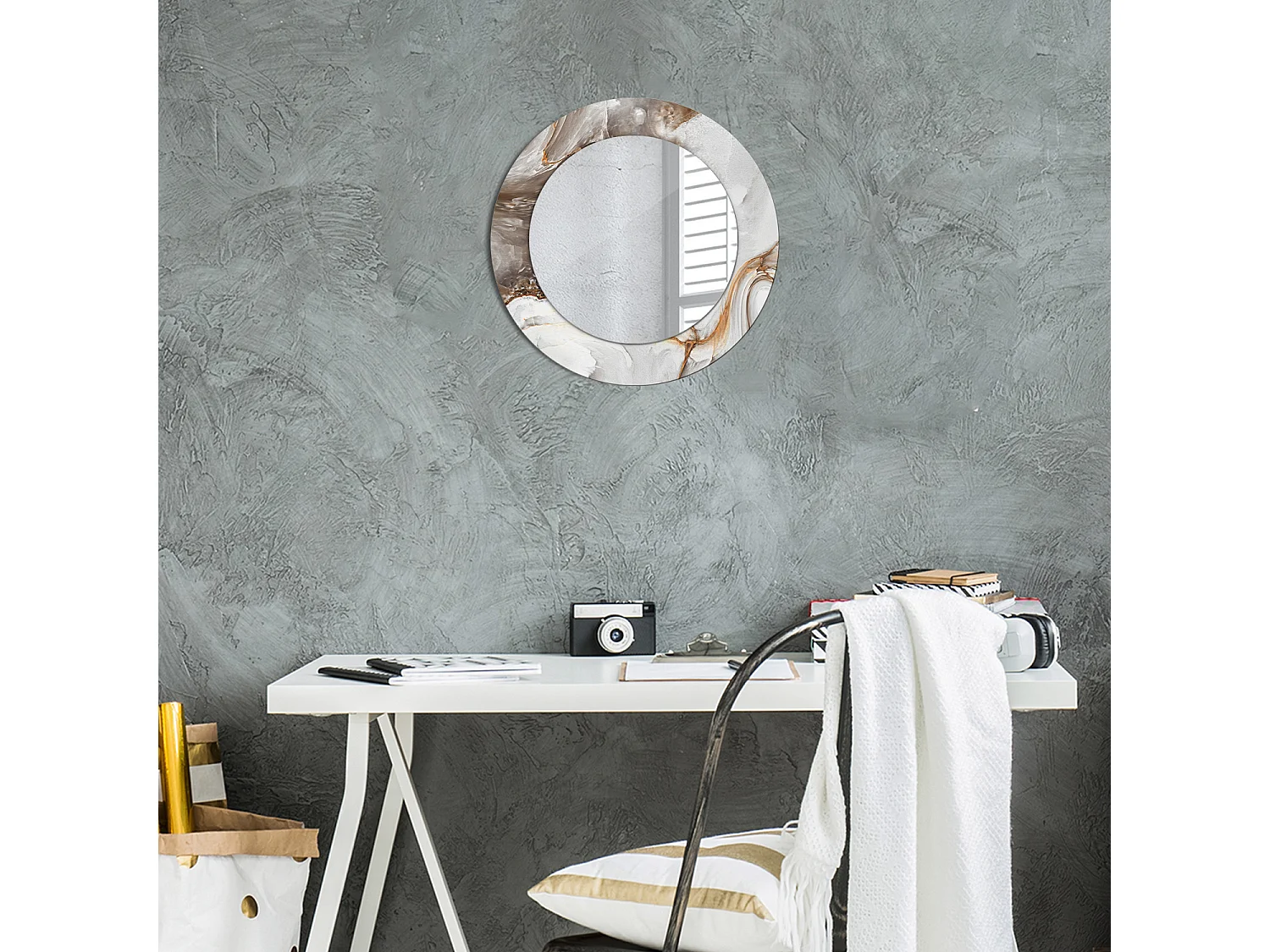 Runder dekorativer Spiegel - Heller Marmor - 50 cm