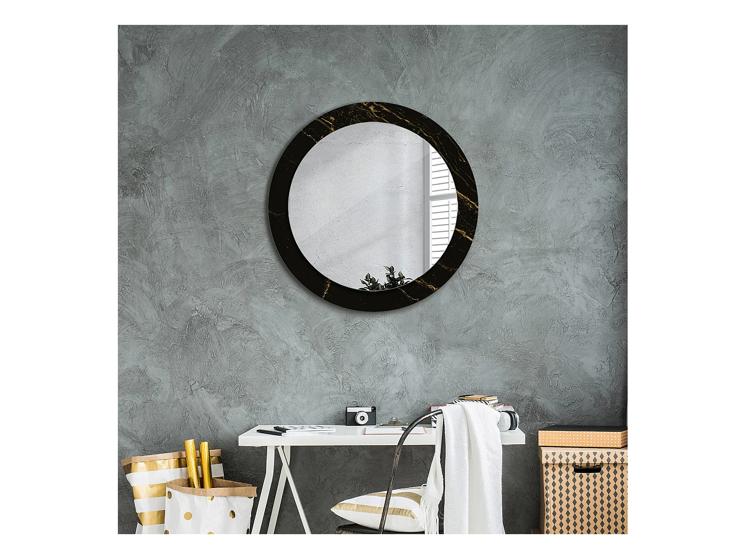 Miroir rond décoratif - Marbre noir - 70 cm