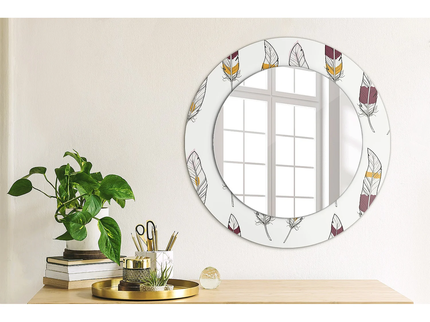 Miroir rond décoratif - Plumes - 50 cm